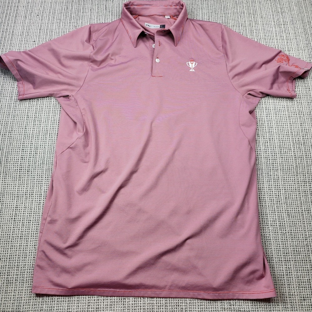 KJUS Polo Shirt Mens Large Pink Stripe Golf UPF 50+ Short Sleeve Performance
